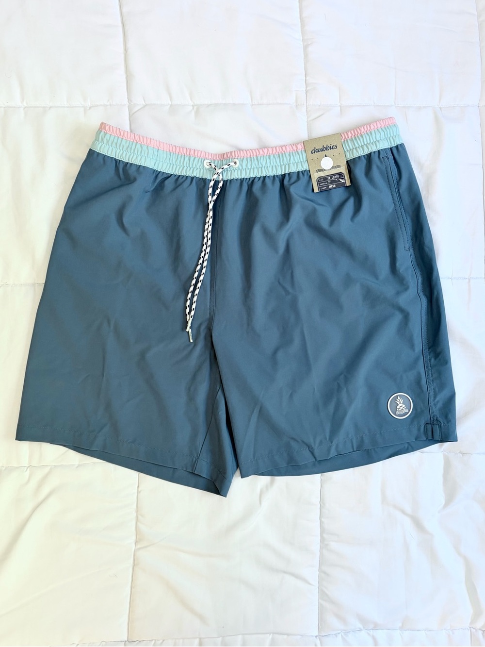 NWT chubbies Blue Swim Trunks Pink & Mint Waistband Drawstring 7” Inseam XXL